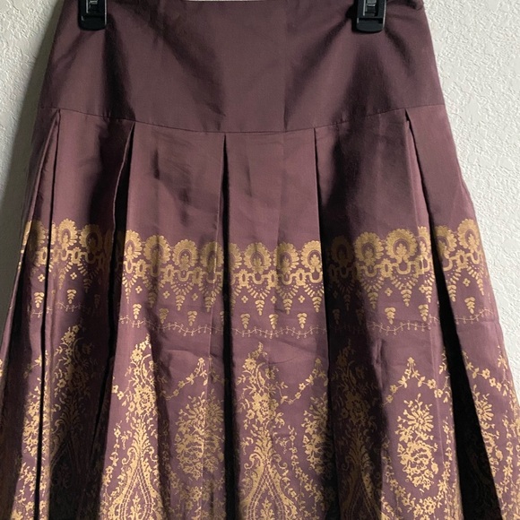 Anthropologie Odille Silk Blend Drop Waist Lace Trim Brown Gold Mod Midi Skirt 2 - Picture 6 of 13